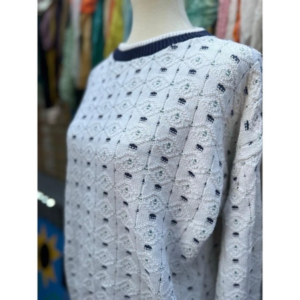 Vintage John Weitz Hand Framed Cotton Sweater M USA‎ Geometric Navy Old Money
